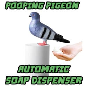 Cartoon title logo for the Pooping Pigeon Automatic Soap Dispenser