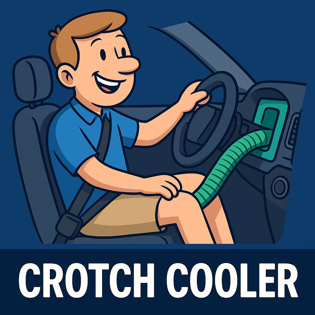 Cartoon illustration of a happy man driving a car with a green hose attached to the air conditioning vent, running up his shorts—visibly enjoying the cooling effect of the “Crotch Cooler.”