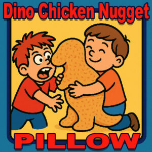 Cartoon-style illustration of two children interacting with a Dinosaur Chicken Nugget Pillow—one child hugging the plush dinosaur-shaped pillow while another tries to bite its tail, against a bright yellow background with a playful, retro design. Fun novelty gift, perfect for kids and fans of dinosaur-themed pillows or chicken nugget-shaped plush toys.