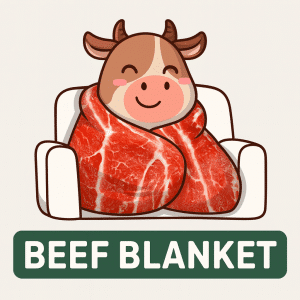 A content cow wrapped in a beef blanket