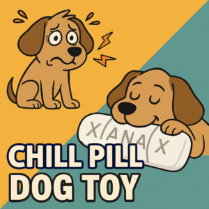 Cartoon image of two brown dogs — one anxious with wide eyes and sweat drops, the other relaxed and smiling while holding a plush Chill Pill Dog Toy shaped like a large white pill with "XANAX"-style lettering — set against a yellow and teal diagonal background.