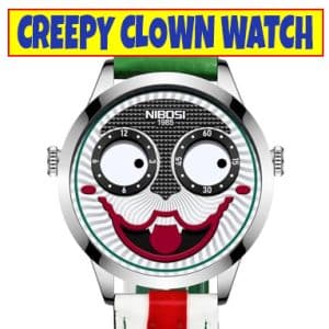Creepy Clown Watch with cartoon face design, dials as eyes, and a green, white, and red strap.