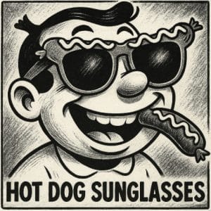 Black-and-white vintage cartoon character wearing oversized hot dog–shaped sunglasses, drawn in a quirky ink illustration style.