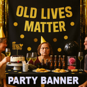 Square cartoon-style button showing an older woman in a party hat frowning at a hanging gold banner reading “OLD LIVES MATTER,” with two people in the background snickering at the party.