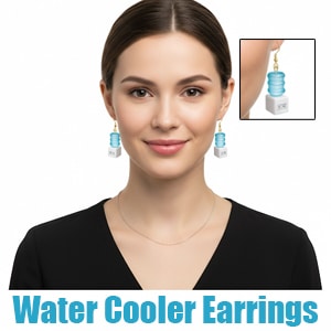A pair of novelty earrings shaped like miniature water coolers, with blue bottles on top of white bases and gold hooks, displayed on a burnt orange background with bold cream-colored text reading “Water Cooler Earrings.”