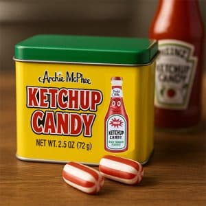 A photorealistic tin of Archie McPhee Ketchup Candy on a wooden table, with a bottle of ketchup in the background and two striped red-and-white candies placed in front.